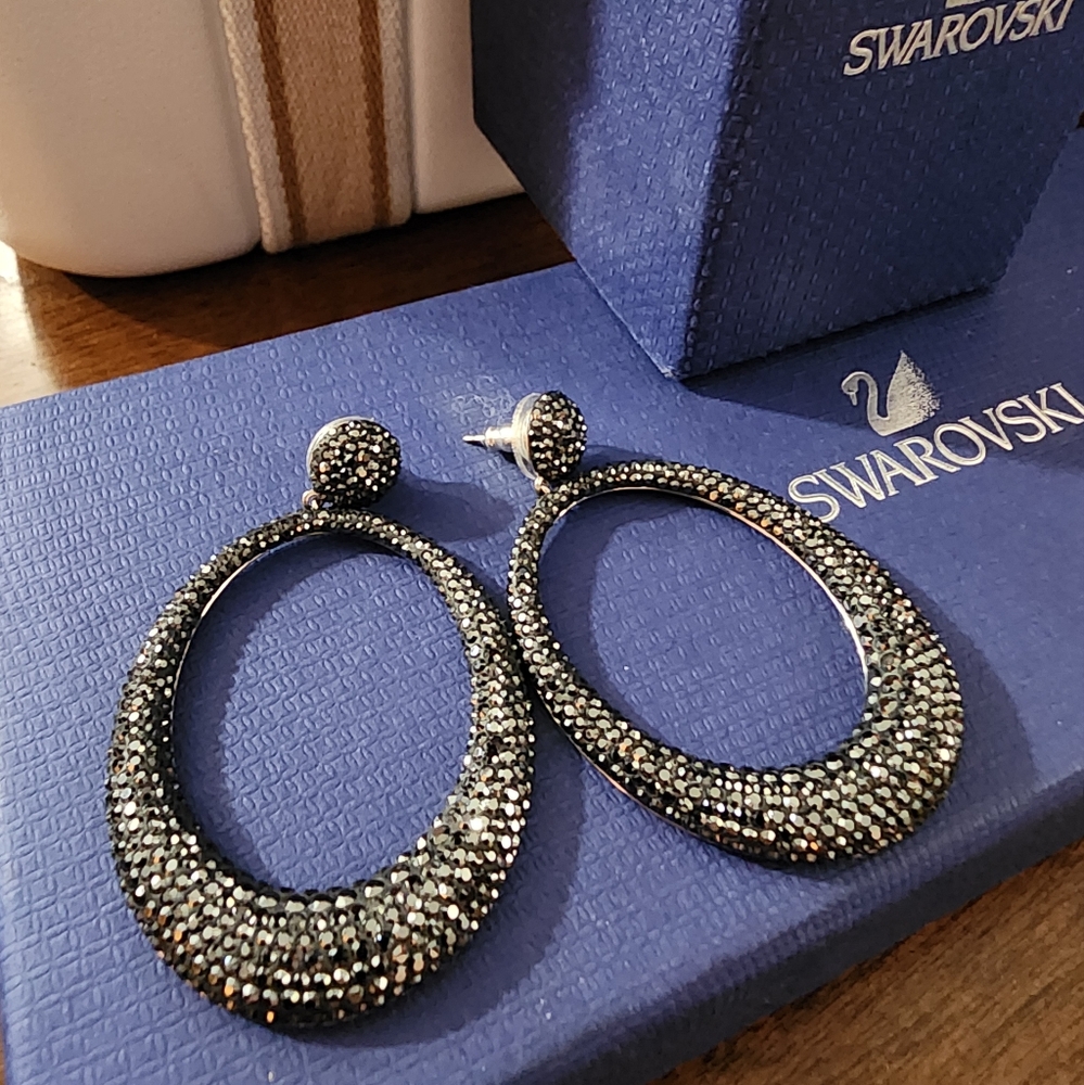 Swarovski Black and Silver Crystal Hoop Earrings
